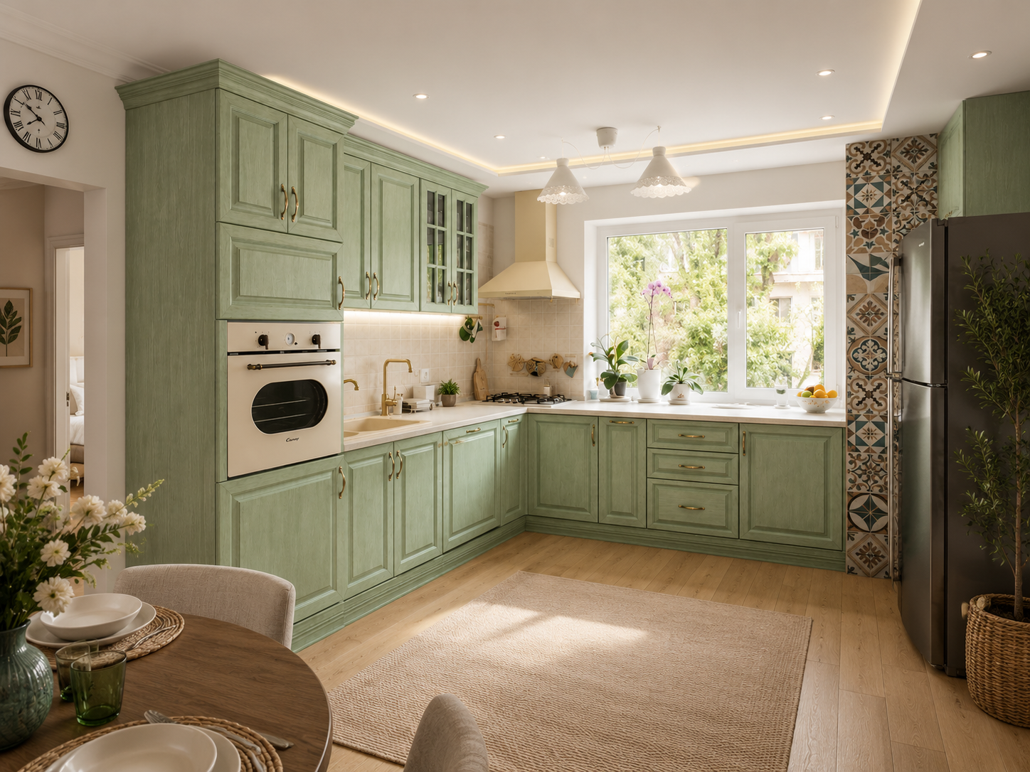 Bucătărie verde — corpuri lemn rustic, blat premium Egger
