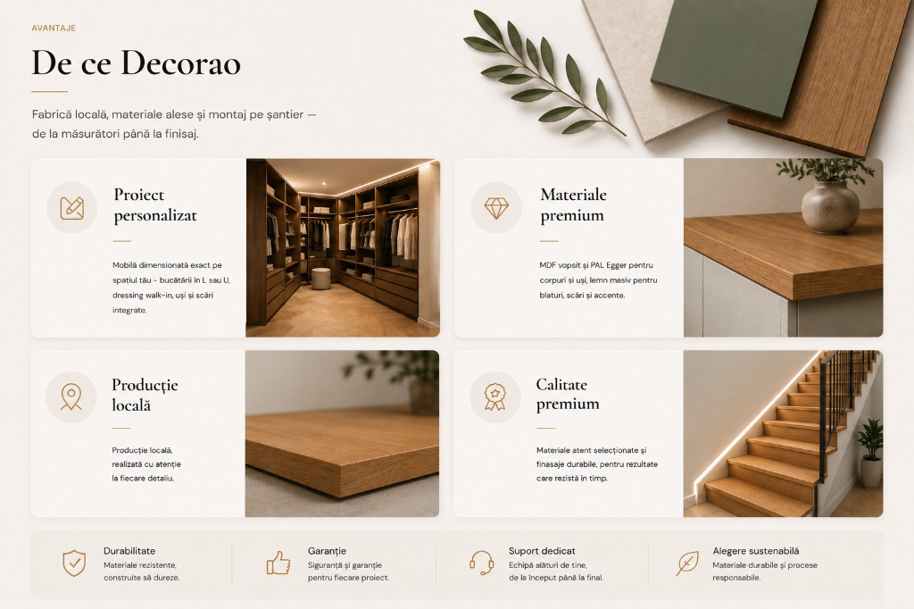 De ce Decorao — Fabrică locală, materiale alese și montaj pe șantier — de la măsurători până la finisaj.
