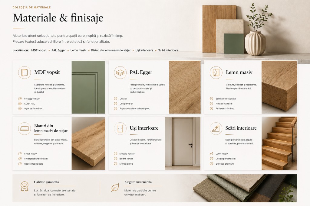 Materiale & finisaje — Finisajele potrivite fac diferența între mobilier obișnuit și piese care arată bine ani la rând. Alegem împreună combinația de materiale — estetic, rezistență și buget — pentru corpuri, fronturi, blaturi, trepte și uși.